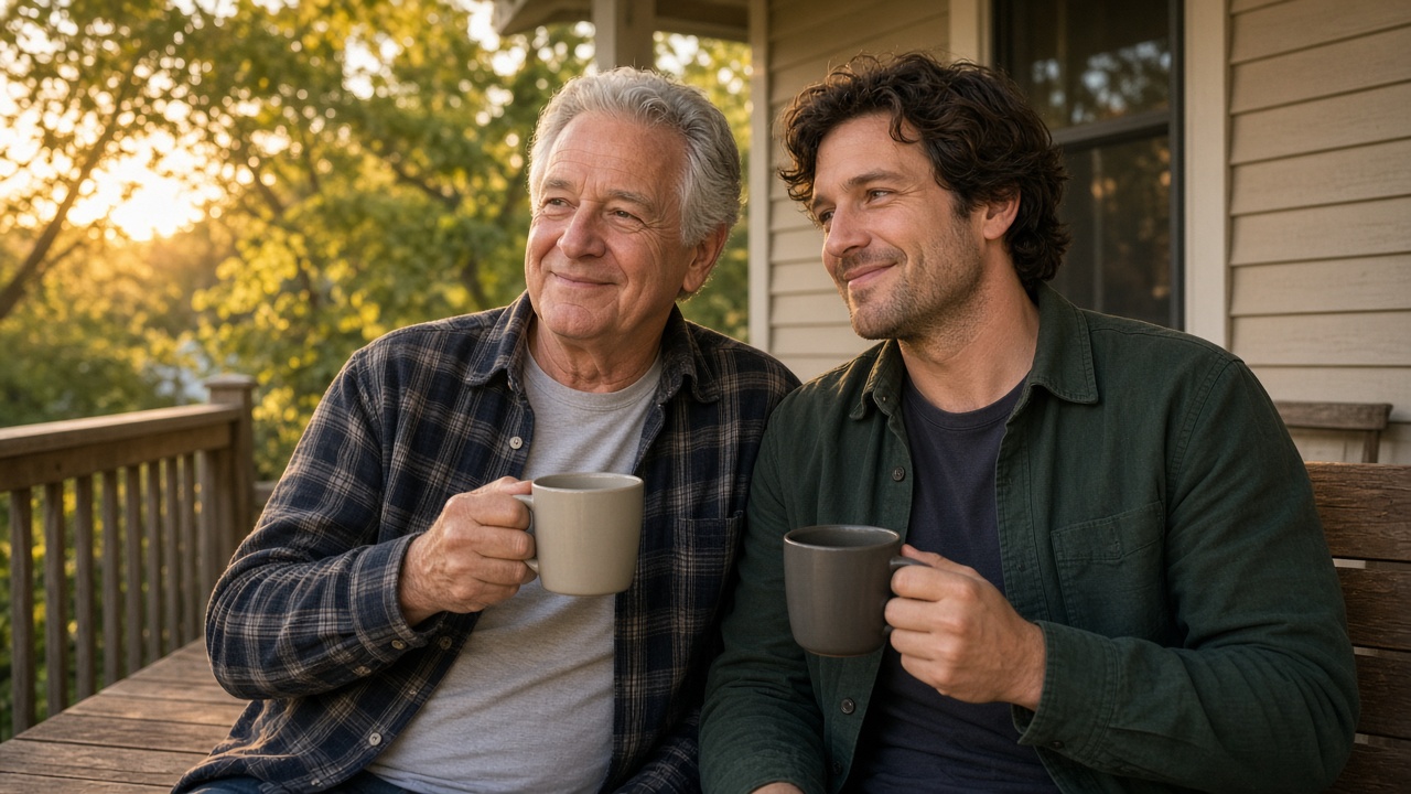 Indiana senior and adult child on a front porch
