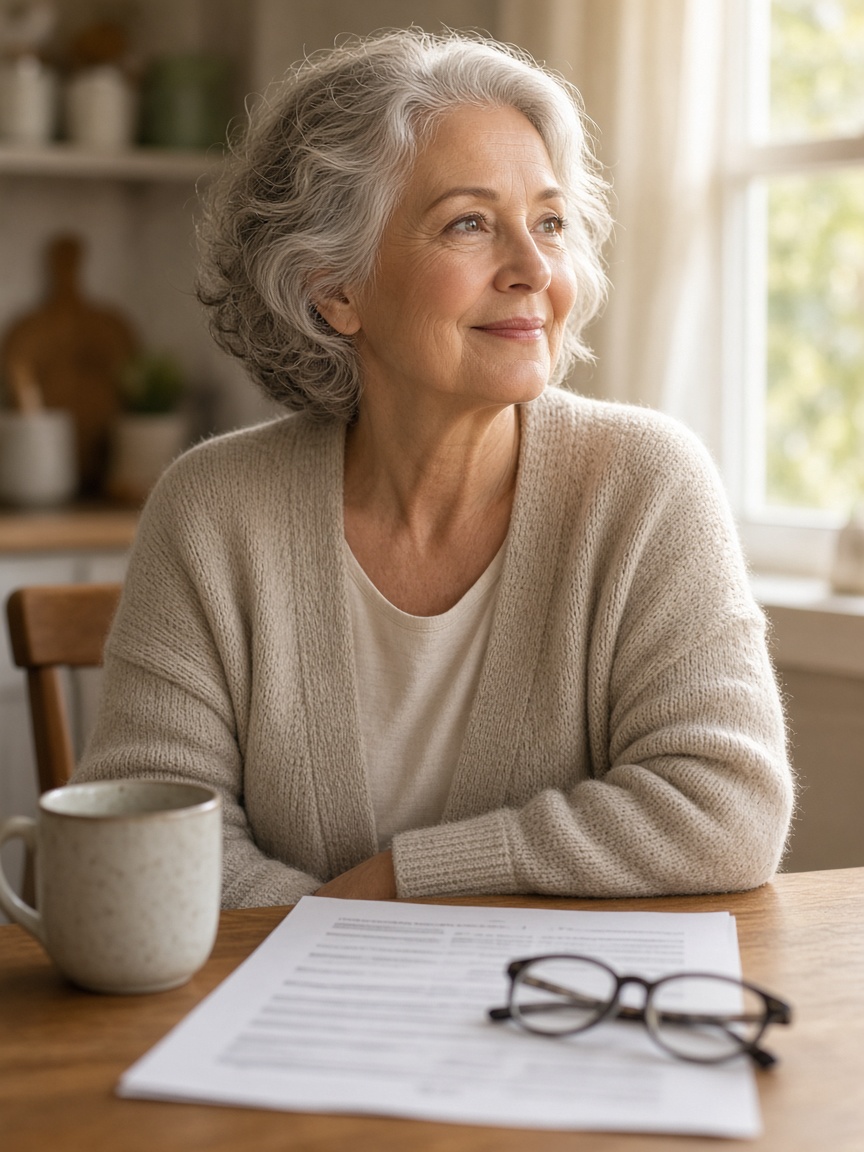 Indiana senior reviewing a billing statement at her kitchen table